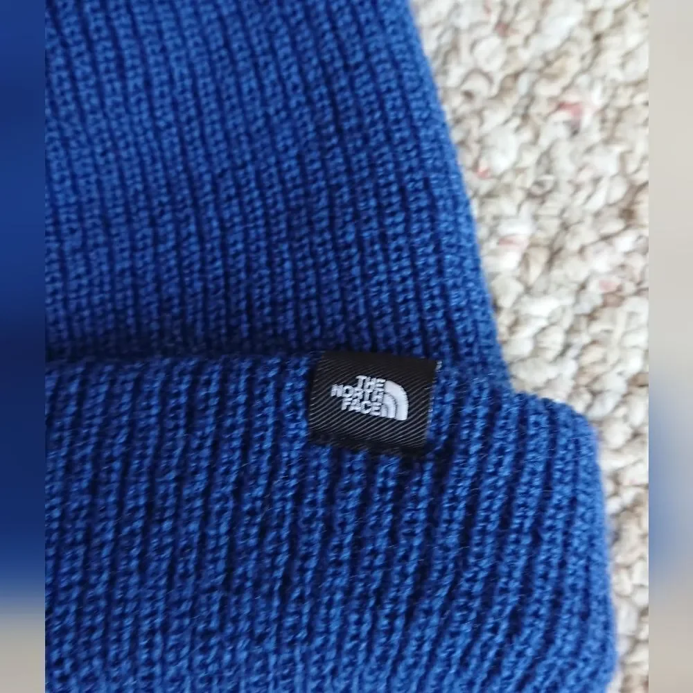 The North Face Blue Knit Logo Cuffed Beanie for youth